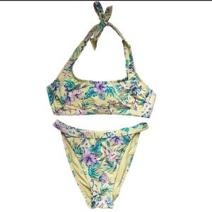 Xhilaration Halter High leg Yellow Floral Bikini Set woman’s size D/DD size L